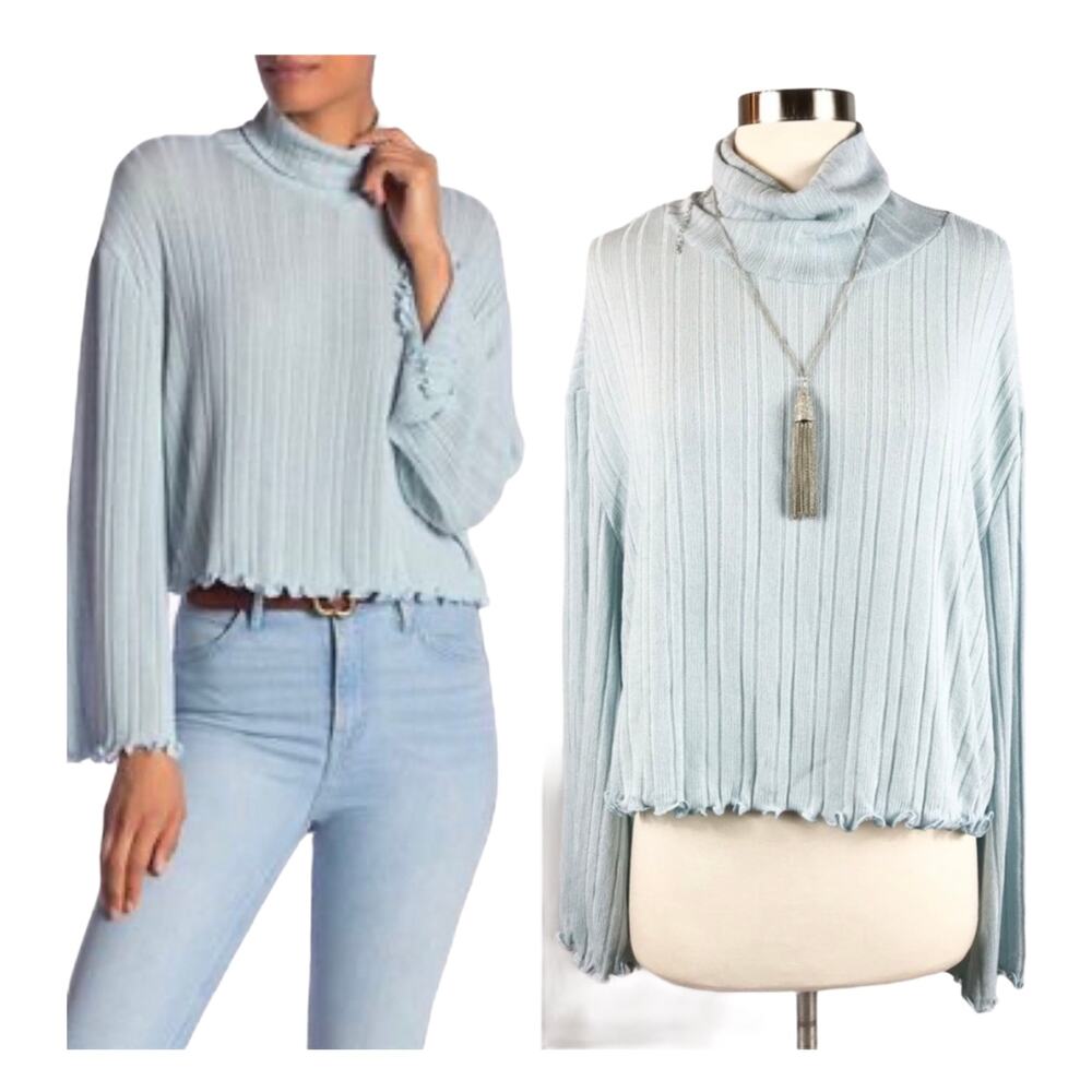 NORDSTROM ABOUND Ribbed Turtleneck Knit Sweater Lettuce Hem Long Sleeves Blue XL